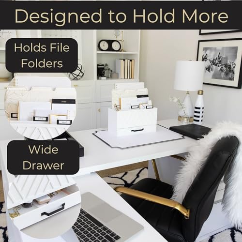 BLU MONACO White Desktop Mail Organizer ? Three-Tiered with Gold Label Holders and Drawer ? Stylish Mail Holder and Countertop Document Storage for Home or Office