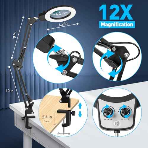 KIRKAS 12X Magnifying Glass with Light and Stand, Any Color Modes & Stepless Brightness LED Magnifying Lamp with Clamp, 2-in-1 Magnifier Glass Lens Desk Lamp for Crafts Hobby Reading Close Work