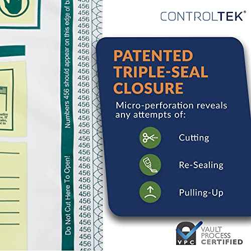 ControlTek SafeLok 12" x 16", White, 50 Bags, Tamper-Evident Deposit Bags for Cash Handling & Valuables, Moisture, Heat and Cold Sensitive Ink, Tear-off receipt + Large Barcodes 585094
