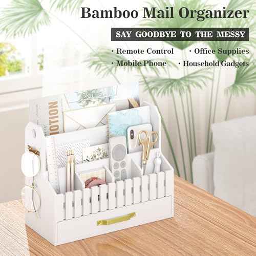 Bamboo Mail Organizer Countertop with Drawers, Wood Desk File Organizer Desktop Paper Organization Storage Bill & Letter Sorter Holder for School Home Office Supplies, No Assembly Required (White)