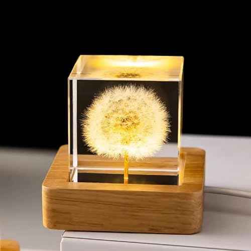 DESHINTKE Real Dandelion Glowing Cube Eternal Flower Paperweight with Luminous Base (Cube)