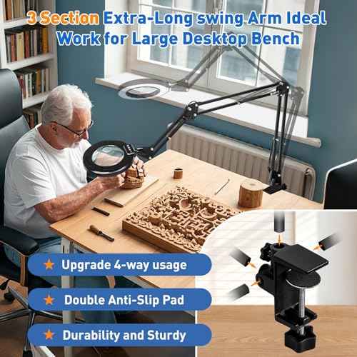 HITTI Ultra Long 12X & 30X Magnifying Glass with Light and Clamp, 5 Color Modes Steepless Dimming Desk Lamp, Swivel Arm Workbench Light, Hands Free Lighted Magnifier Stand for Craft Reading Hobby