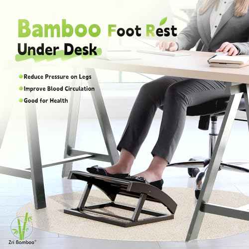 Foot Rest for Under Desk at Work - Adjustable Black Bamboo Footrest for Office and Couch
