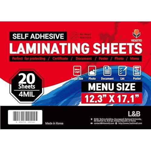 Self Adhesive Laminating Sheets 12.3x17.1 inches, 20 Pack, 4mil Thickness, No Heat or Machine Needed, Waterproof, Self Sealing, Easy Peel and Stick, Heavy Duty Clear Glossy Finish, by VIOLETTO