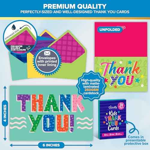 Decorably 24 Pack 6x4in Kids Thank You Cards Kids with Envelopes and Stickers, 8 Fun and Vibrant Designs Kid Thank You Cards with Envelopes, Blank Inside - All Occasion, School Events