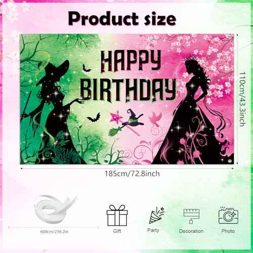 Pink and Green Birthday Backdrop Party Decorations, Witch Themed Happy Birthday Backdrop Banner Photo Booth for Princess Girls Women Castle Party Supplies Decorations