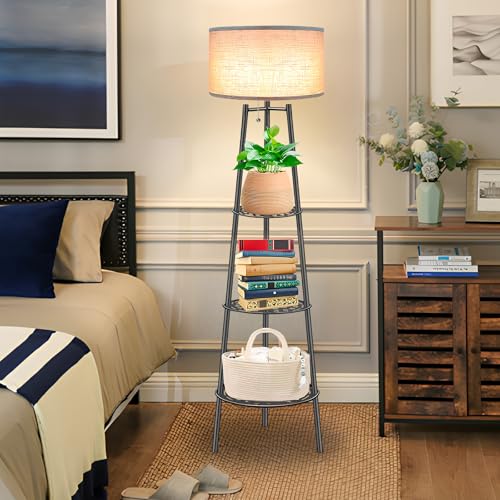 Floor Lamp with Shelves for Living Room£¬ Standing Lamp£¬Tall Lamp£¬ Amparas Elegantes para Sala with Linen Shade£¬Modern Floor Lamp for Living Room£¬Bedroom or Office£¨Black £©