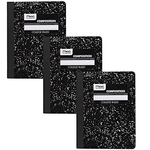 Mead Composition Notebook 3-Pack - College Ruled Black Marble 7.5 x 9.75 inches, 100 Sheets