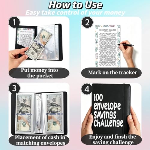 Black Money Saving Challenge Binder with Cash Envelopes - 100 Envelopes Budget Organizer