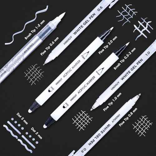 HNIHUY White Ink Pens, Fine Point White Gel Pens, Brush Tip Acrylic Markers, Dual-Tip Opaque Paint Pens for Black Paper Drawing, Sketching, Illustration, Card Making, 6 Pack