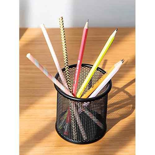 Black Pen Holder Cup for Desk, Black Wire Mesh Pencil Cup Holder for Desk Office Pen Organizer