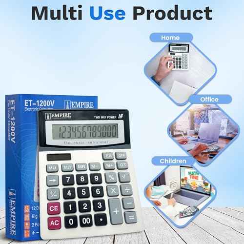 Empire Desk Calculator with Large Key Buttons, 12-Digit Large Eye-Angled Display, Solar & Battery Powered - Basic Calculator for Students, Home and Office Use (Battery Included)