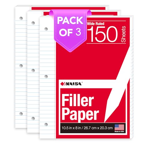 KAISA Wide Ruled Loose Leaf Binder Paper 3-Pack, 150 Sheets Each, 8x10.5in, 3-Hole Punched - US Made