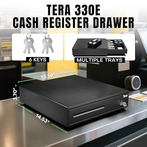 Tera 13 inch Auto Open Cash Register Drawer with 6 Keys Heavy Duty 4 Bill 8 Coin Removable Cash Tray Media Slot 24V RJ12 Key-Lock Round Corner for POS System Small Businesses Retail 330E