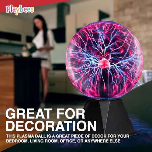Red Plasma Ball - 7 Inch - Tesla Coil Bulb Static Electricity in a Vacuum Pressurized Glass Globe, Nebula Thunder Lightning, Plug-in - for Parties, Decorations, Prop, STEM