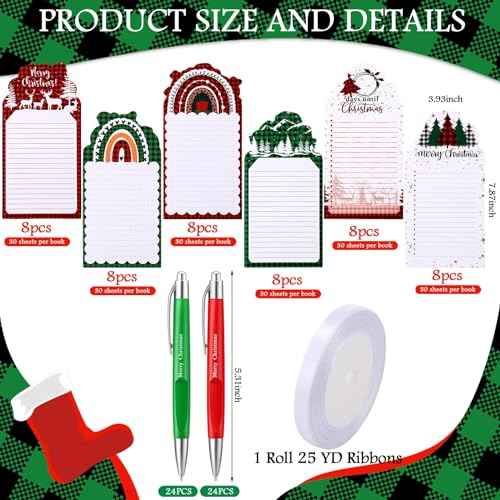 Zhanmai 96 Pcs Christmas Sticky Notes with Ballpoint Pens and Ribbons Christmas Themed Gifts Cute Plaid Design Die Cut Memo Note Pad Red Green Ballpoint Pen for School Office Home Present