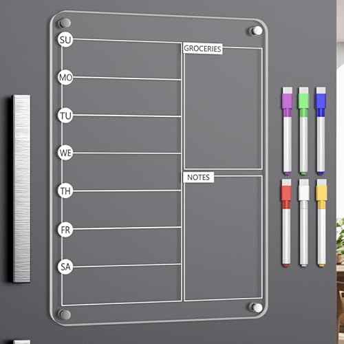 Acrylic Meal Planner Magnetic Menu Board for Kitchen Fridge, 13"x9" Clear Weekly Calendar Planning Board Noteboard Refrigerator Dry Erase Board to Do/Grocery/Shopping Lis Includes 6 Markers