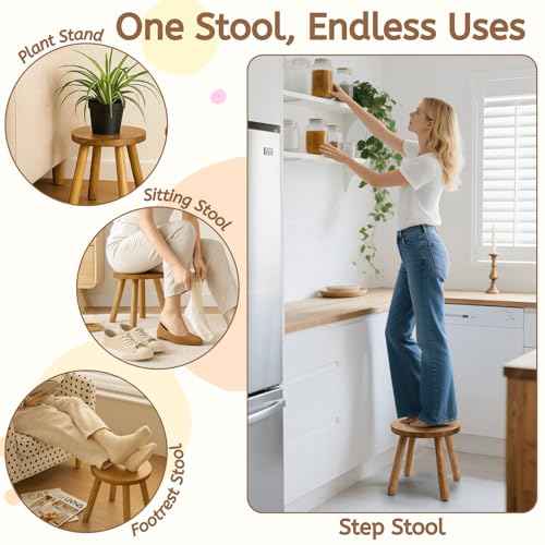 YOUEON Round Solid Wooden Step Stool, 11.8 Inch Non-Slip One Step Stool for Adults, Holds up to 300 Lbs, Portable & Sturdy, Footstool for Bedroom, Bathroom, Kitchen, Easy to Assemble