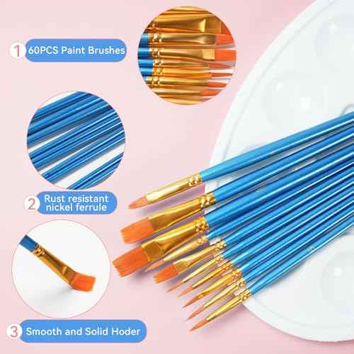 120 Pcs Acrylic Paint Set with 60 Pcs Paint Brushes 48 Pcs Acrylic Paint 12 Pcs Palettes for Watercolor, Oil, Gouache, Painting.