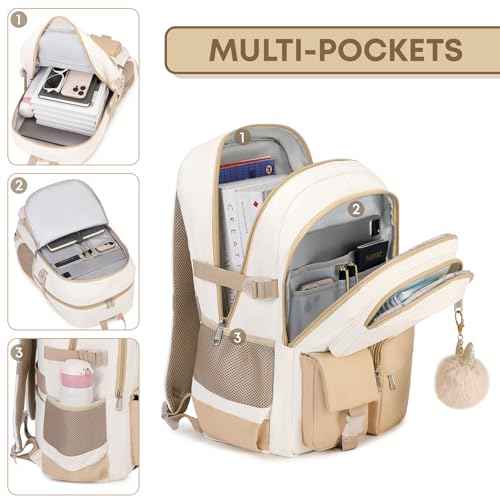 3PCS School Backpack For Student Women College Middle High Teen Girls Bookbag Waterproof Laptop Bag Beige Khaki
