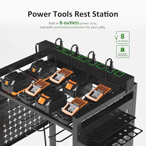 Power Tool Organizer Rolling Cart with Charging Station, Garage Floor Stand Rolling Tool Storage Rack with Charging Power Strip, Garage Storage Heavy Duty Utility Shelf with Wheels
