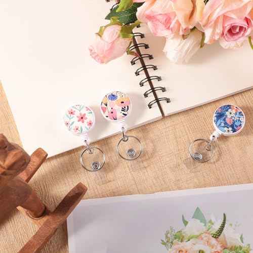 BESARME 3 Pack Badge Reels Retractable Badge Clip with Key Ring Retractable Badge Holders for Office Worker Teacher Nurse Student£¨Flower£©