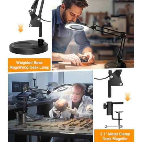 10X Magnifying Glass with Light and Stand, 2 in 1 Real Glass Lens Magnifying Desk Lamp, 5 Color Modes, Brightness Stepless Dimmable LED Lighted Magnifier Hands Free for Repair Craft Close Work