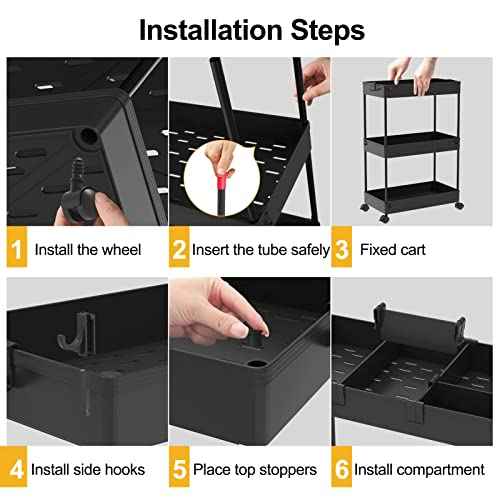 SPACELEAD Slim Storage Cart 3 Tier,Bathroom Organizer Rolling Utility,Mobile Shelving Unit Slide Out for Office, Kitchen, Laundry Room & Narrow Places,Black