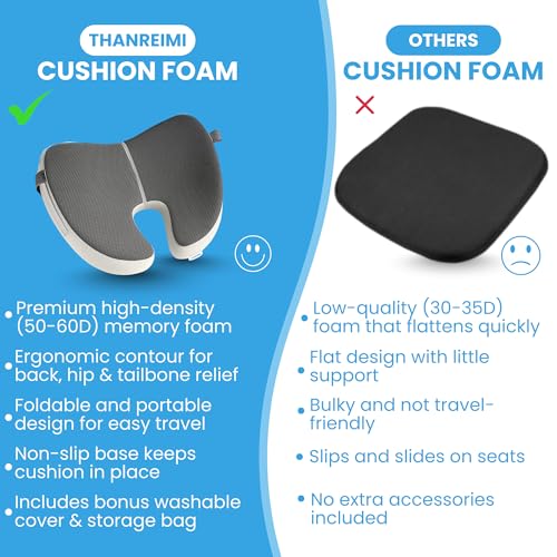 Foldable Non Slip Seat Cushion Orthopedic Memory Foam for Back,Tailbone, Hemorrhoid & Hip Pain Relief Portable Cushion for Yoga, Stadium, Golf Carts, Office, Car & Travel -Bonus Cover & Storage Bag