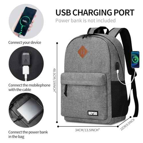 Backpack for Women Men, Lightweight School Backpack for Girls Boys Teens, 17.3 Inch Laptop Daily Use back pack with USB Charger, College High School Bookbag mochilas para hombres, Grey