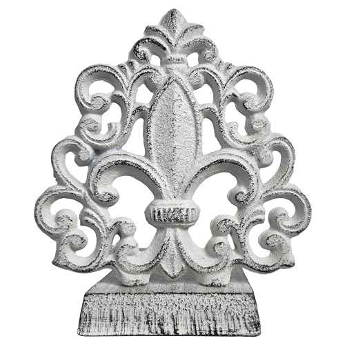 Lulu Decor, Cast Iron Fleur De Lis Door Stop, Door Stopper in Antique White Finish, Beautiful and Useful Product, Simply Insert Flat Base Underneath Your Door Space, Works Great