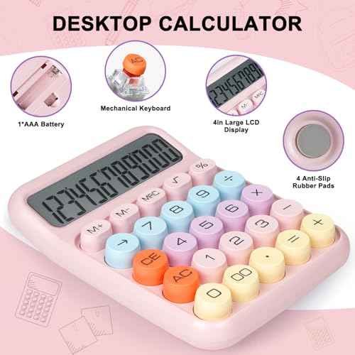 Mechanical Switch Calculator with Big Buttons, Calculators Desktop, 12 Digits, Large LCD Display, Desk Calculator, Cute Pink Calculators for Teachers Students Basic Office (Pink)