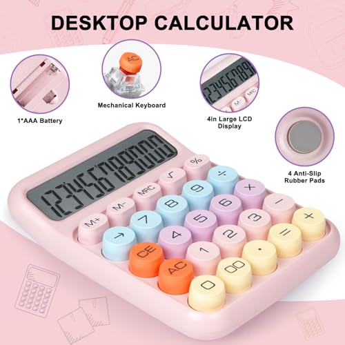 Pink Mechanical Switch Calculator with Large LCD Display, 12 Digit Desktop Office Calculator for Teachers Students