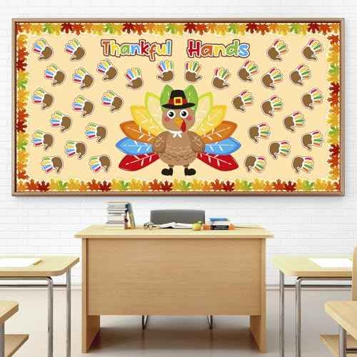 OUNENO Thanksgiving Thankful Hands Turkey Bulletin Board Decoration Big Turkey Handprint Cutouts for Thanksgiving Kindergarten Preschool School Classroom Wall Door (Thanksgiving)
