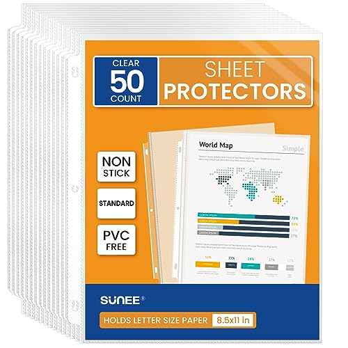SUNEE Sheet Protectors 50 Packs for 3 Ring Binder, 8.5x11 Clear Plastic Page Sleeves for Paper, Documents, Certificate, Sheet Music, Recipe, File