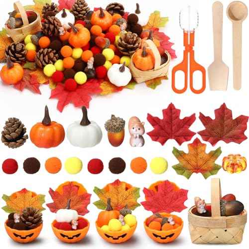 320 Pcs Fine Motor Toys Fall Thanksgiving Decorations, Sensory Bin Filler, Pumpkin Bowls, Woven Baskets, Pompom, Maple Leaves, Squirrels, Pumpkins, Acorns, Pine Cones for Autumn Party Decor