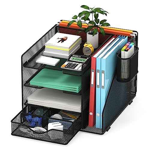 Desk Organizer with Hanging File Holder, Paper Letter Tray Organizer with Drawer and Pen Holder, Mesh Desktop Organizer and Storage for Office Supplies(Black)