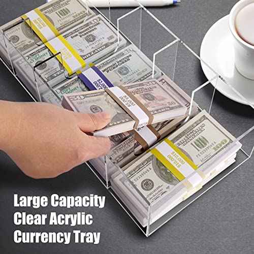 Clear Cash Tray With 300 Currency Wrappers, Acrylic Money Organizer Storage Change Box Case - 5 Compartments