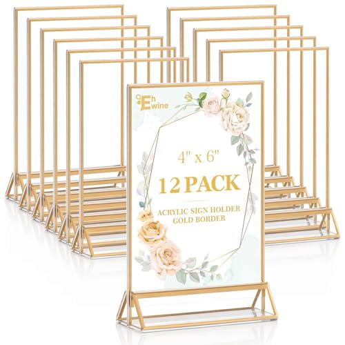 EHWINE 12 Pack Gold Acrylic Sign Holders 4x6 Inch Double Sided Tabletop Stands