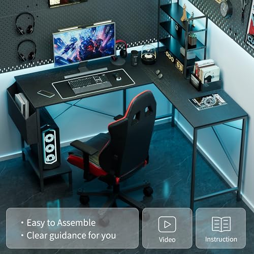 50-Inch Computer Gaming Corner L Shaped Desk, Sturdy Desk, Reversible Game Table Home Office Desk for Bedroom, Wood Top, Metal Frame, Side Bag, Easy to Assemble, mesa escritorio para computadora