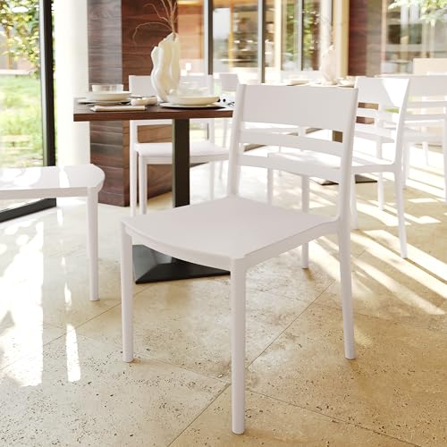 Flash Furniture Bridgeport Patio Chair with Slatted Back and Contoured Seat, Commercial All-Weather Stacking Resin Chair, UV Resistant, Indoor-Outdoor, White