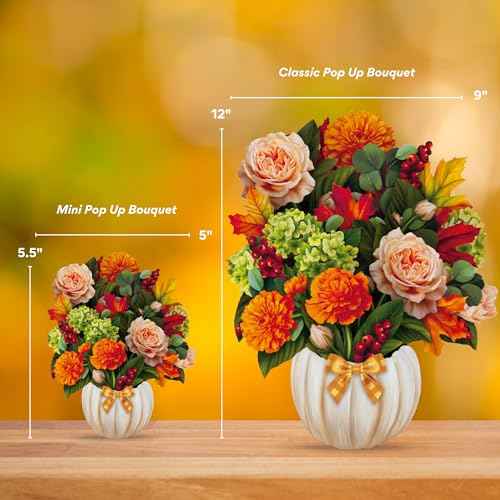 Freshcut Paper Pop Up Cards, Mini Pumpkin Spice, 6 Inch Mini Sized Forever Flower Bouquet 3D Popup Greeting Cards, Autumn Card, Birthday Card, Blank Notecard & Envelope