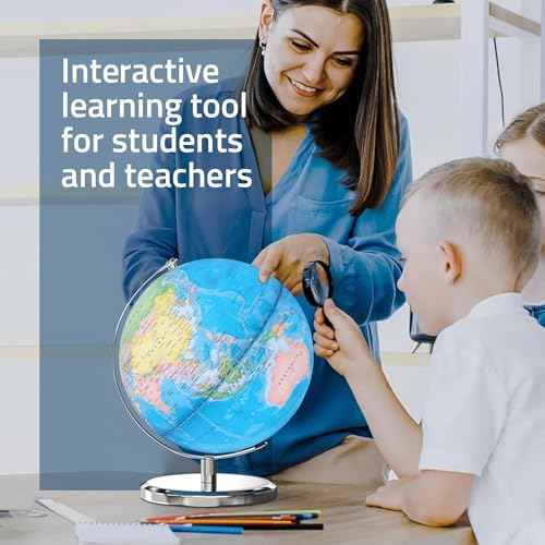 LED Illuminated World Globe with Chrome Rotating Stand ? 3-in-1 Educational Tool for Kids & Adults, Interactive Learning Globe with Constellation Map, Lighted Display, 14 Inch