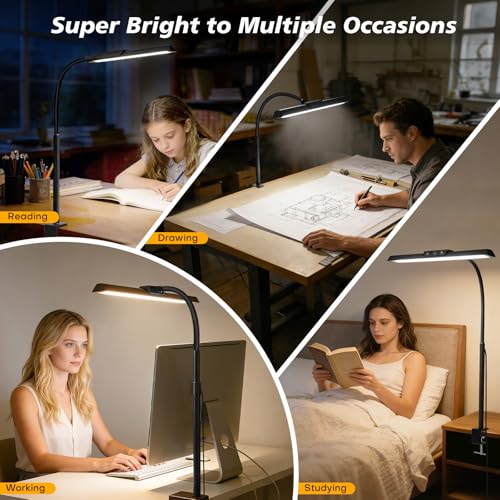 MOICO 12.8in Black LED Desk Lamp with Clamp, Dimmable & Eye-Friendly