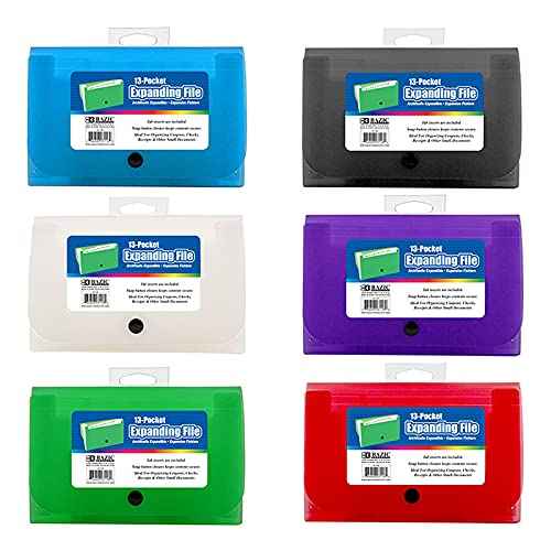 BAZIC Products Expanding File Folder 13 Pockets, Coupon Size Plastic File Folders w/Color Tabs Pocket, Home Office Supplies, Check Bills Receipts Organizer, 24-Pack