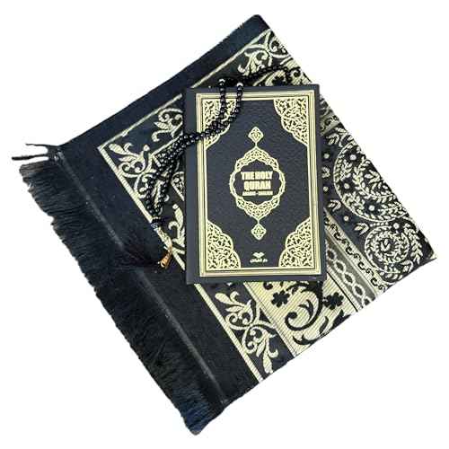 English Translate Thermo Leather Covered Quran, Tafta Prayer Mat and Beads Set |Quran Size:8x5.5x1.2 ?nch/20x14x3cm | Muslim Prayer Mat | Great Ramadan Gifts for Muslim Men,Women (Black, 1 Sets)