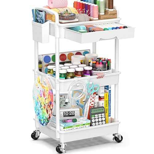 3 Tier Rolling Cart with Drawer, Bathroom Storage Organizer with 2 Lockable Wheels, Multifunctional Rolling Storage Cart for Bathroom, Kitchen, Office, Craft, Makeup, Baby Essentials, White