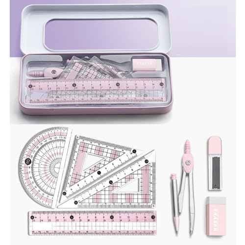 8 Pcs Pink Geometry Set Cute Compass Set with Maths Protractor Rulers, Math Set for Drawing Measuring Tools, Kawaii Ruler Kit for Class Women Girls School Supplies (Pink)