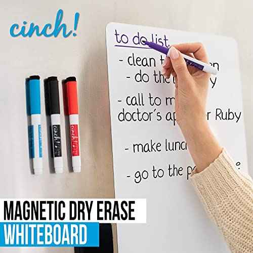Cinch! Magnetic Whiteboard for Fridge 29 x 21 Inch - Stain-Resistant Dry Erase Board with 4 Fine Tip Markers and Large Eraser - Fridge Whiteboard Planner and Organizer for Kitchen or Office Use