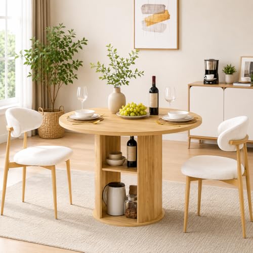 Hosnnile 3-Piece Round Dining Table Set with Storage Shelves – Natural